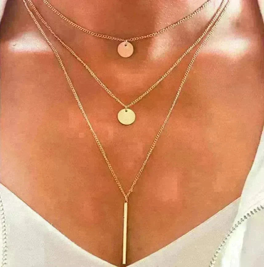 Electroplating Gold and Silver Double-layer Wafer And Long Bar Pendant Necklace - EX-STOCK CANADA