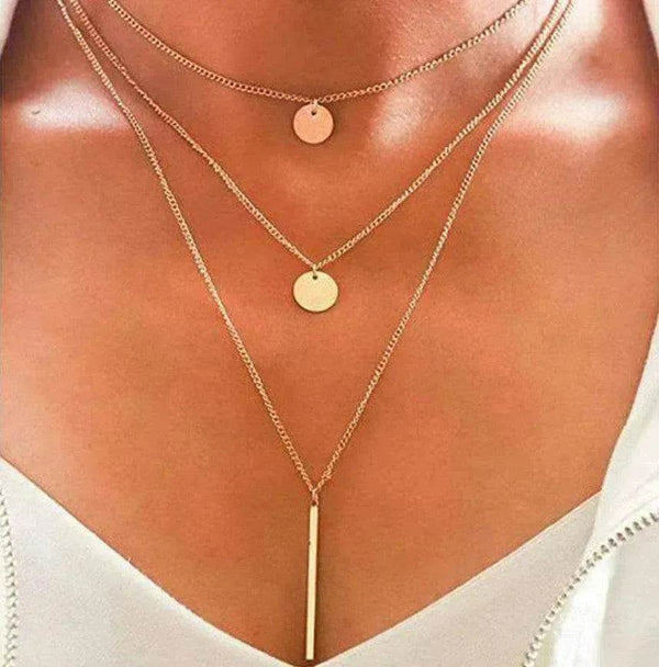 Electroplating Gold and Silver Double-layer Wafer And Long Bar Pendant Necklace
