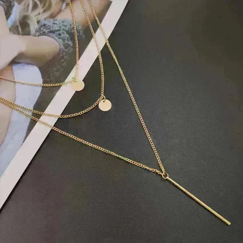 Electroplating Gold and Silver Double-layer Wafer And Long Bar Pendant Necklace - EX-STOCK CANADA