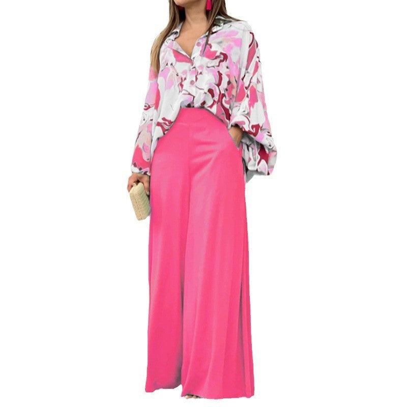 Loose And Elegant Casual Printed Shirt Top Wide Leg Pants Fashion Suit EX-STOCK Canada 