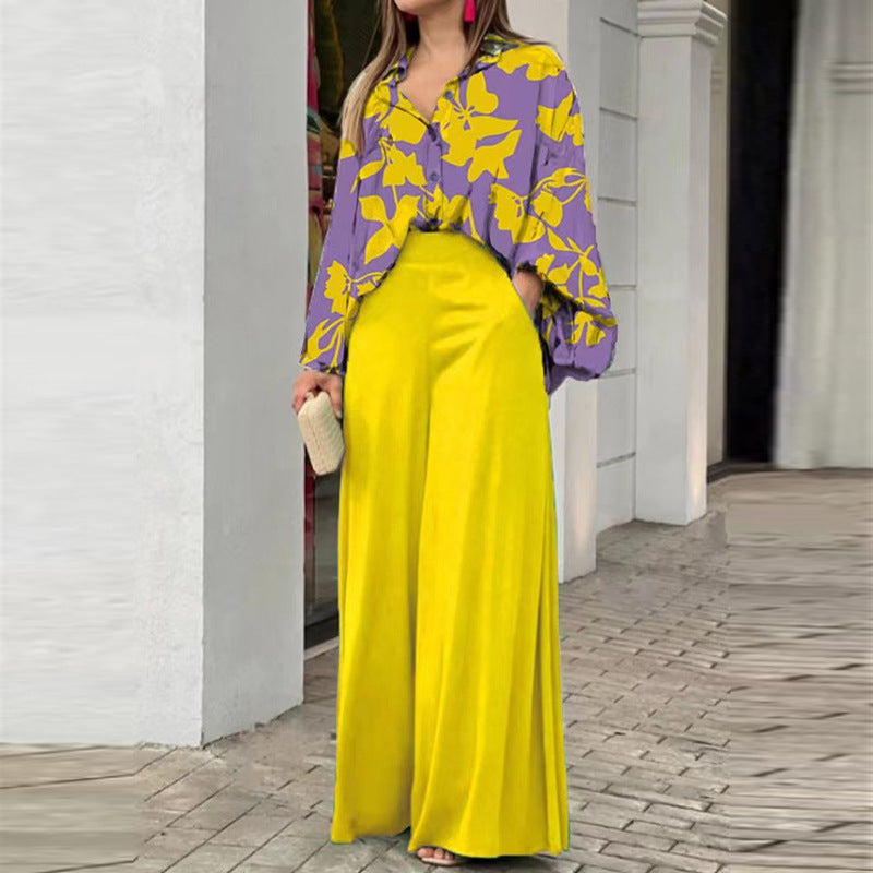 Loose And Elegant Casual Printed Shirt Top Wide Leg Pants Fashion Suit EX-STOCK Canada 