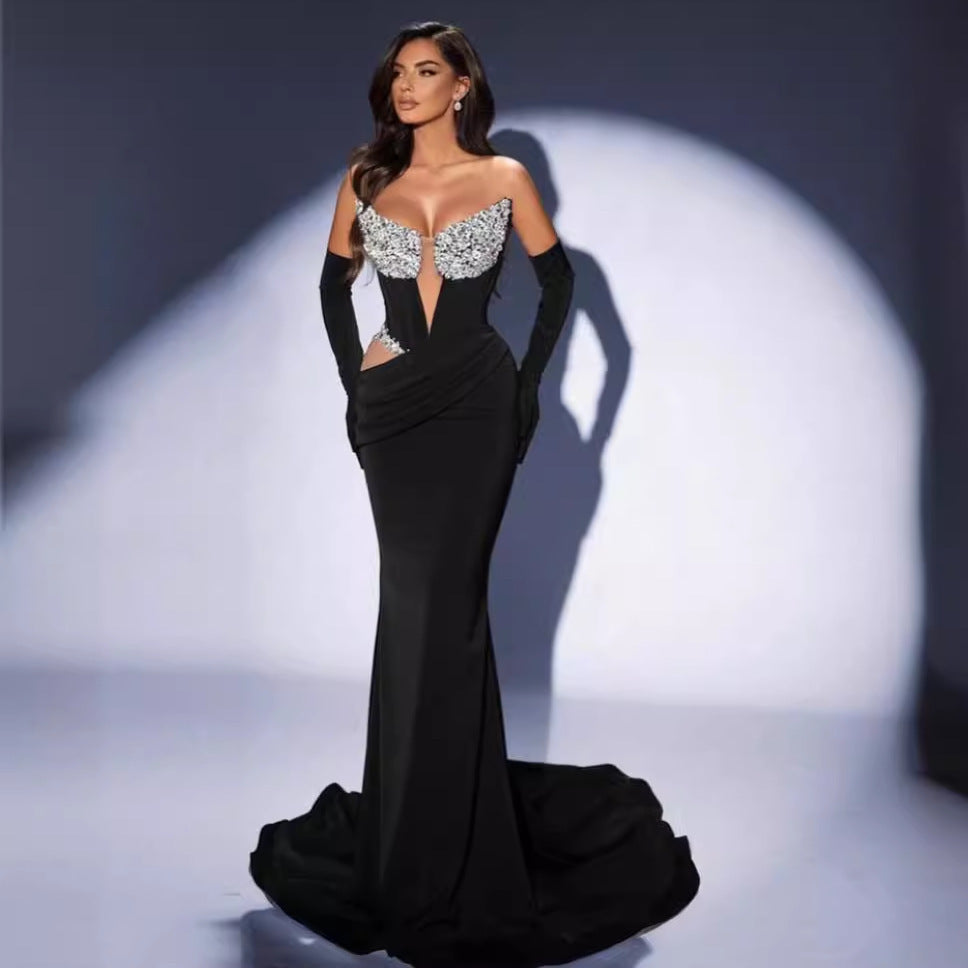 Gloves Hollow-out Low Cut Velvet Tube Top Dress Dinner Party EX-STOCK Canada 