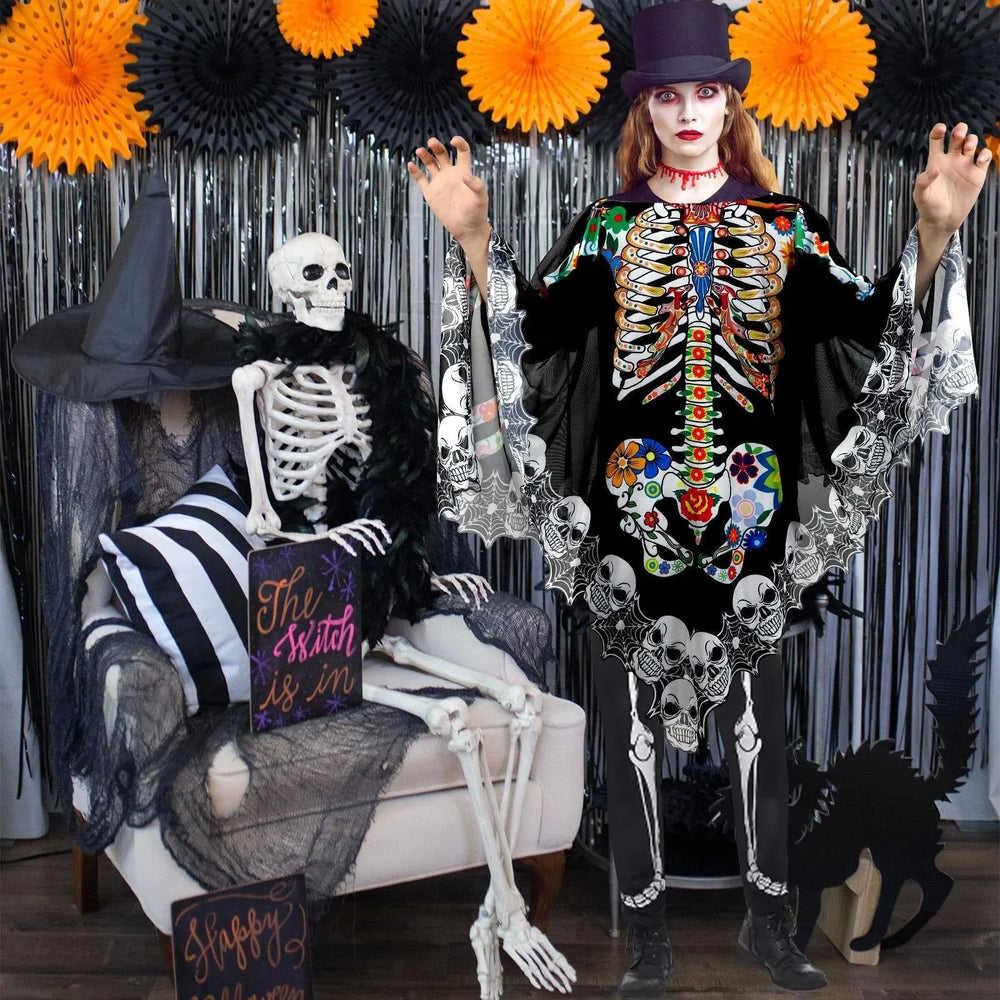 Halloween Skeleton Poncho, Lace Skeleton Halloween Costume Poncho Day Of The Dead Colorful Poncho For Women, 59 Inchx59 Inch-Cannot Be Listed On Amazon Platform - EX-STOCK Canada