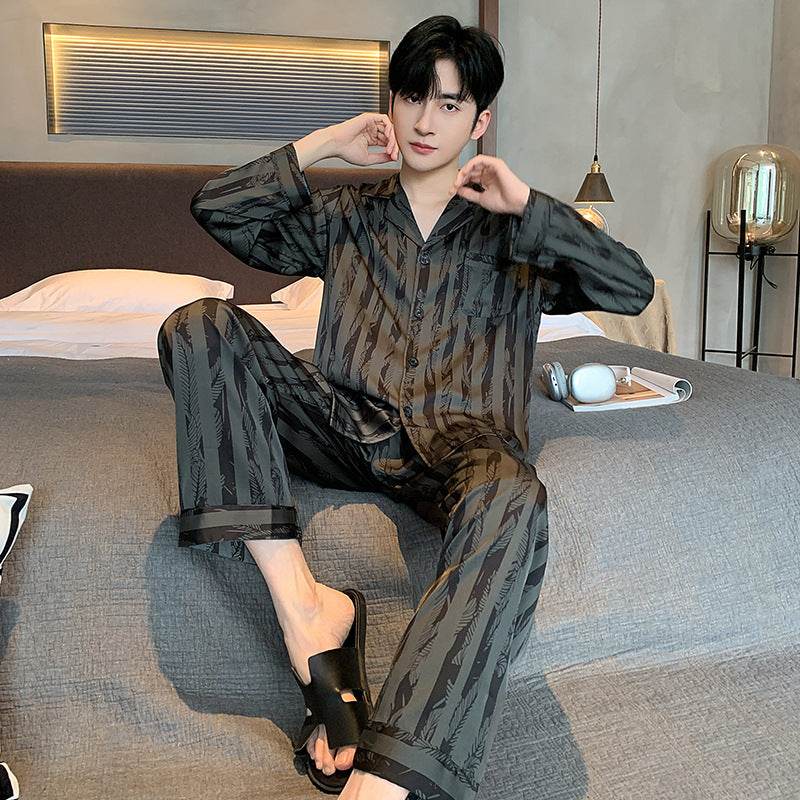 High-grade Ice Silk Men's Pajamas V-neck Thin Trousers Long Sleeve Two-piece Set  EX-STOCK CANADA