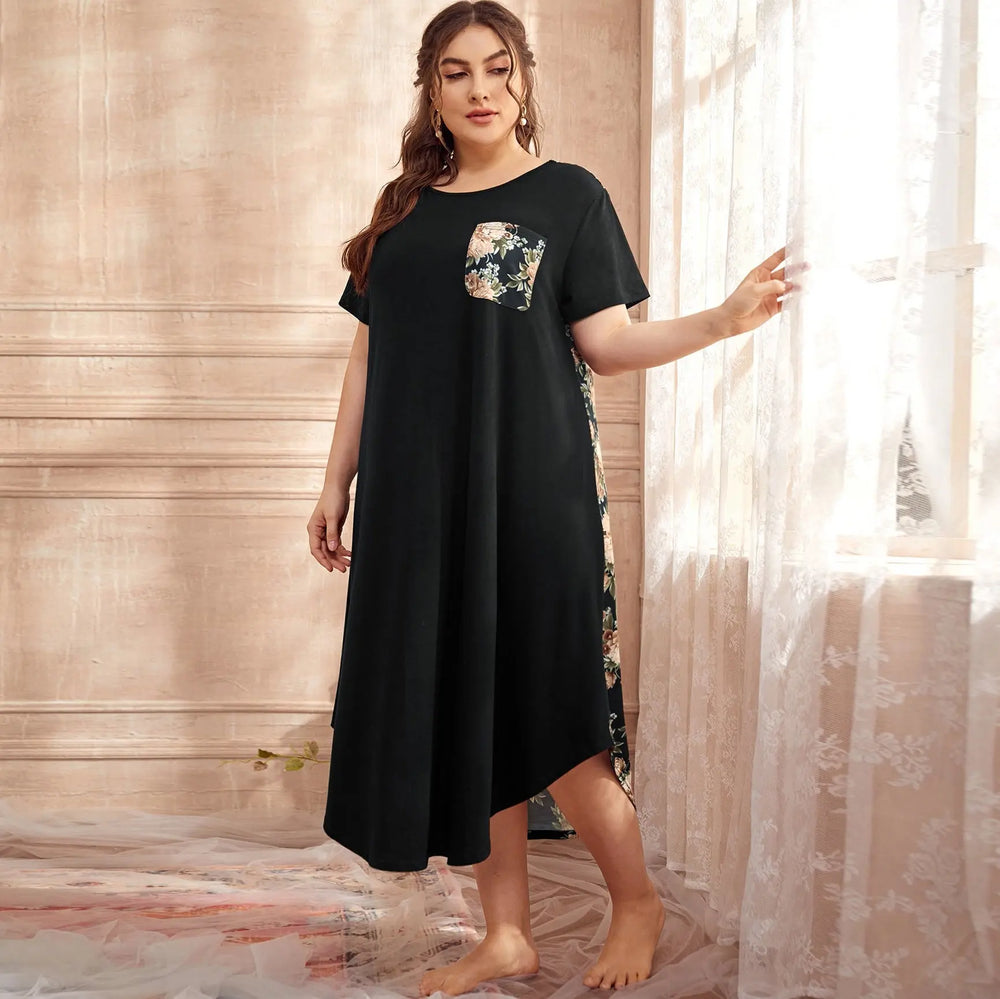 Homewear Pajamas Short-sleeved Printing Stitching Contrast Color Plus-sized Home Nightdress For Women - EX-STOCK Canada