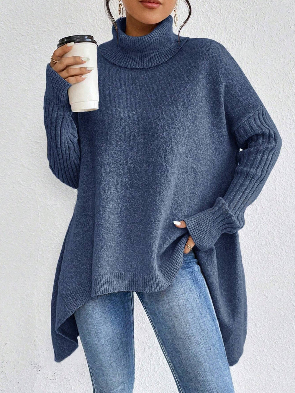 Irregular Turtleneck Sweater Winter Loose Long Sleeve Knitted Tops Leisure Warm Pullover Sweater Women's Clothing EX-STOCK Canada 