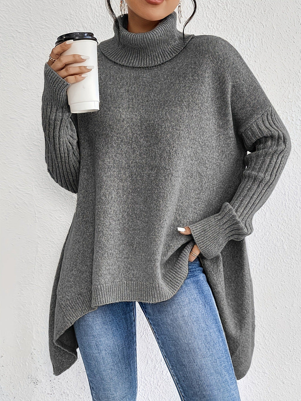 Irregular Turtleneck Sweater Winter Loose Long Sleeve Knitted Tops Leisure Warm Pullover Sweater Women's Clothing EX-STOCK Canada 