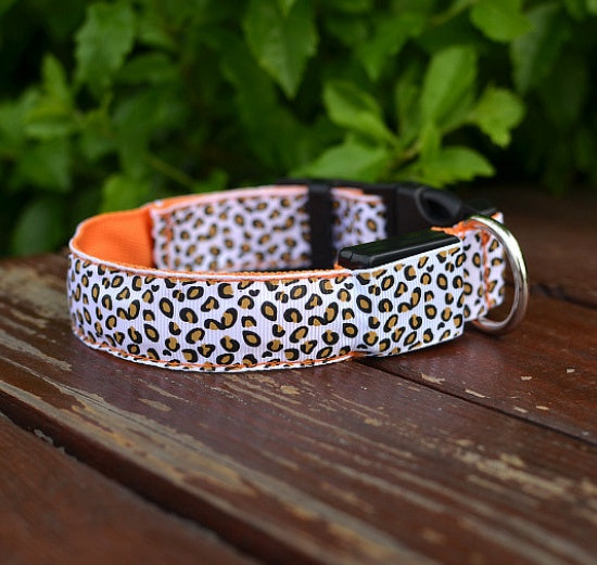 LED Dog Collar Safety Adjustable Nylon Leopard Pet Collar EX-STOCK Canada 