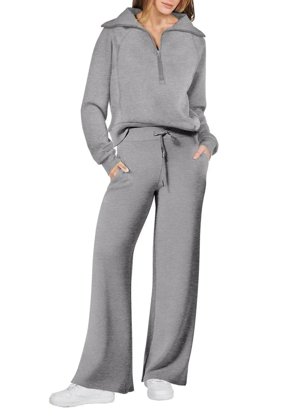 Leisure Sports Suit Long-sleeve Zipper Sweatshirt Wide Leg Pants Two-piece Set - EX-STOCK Canada