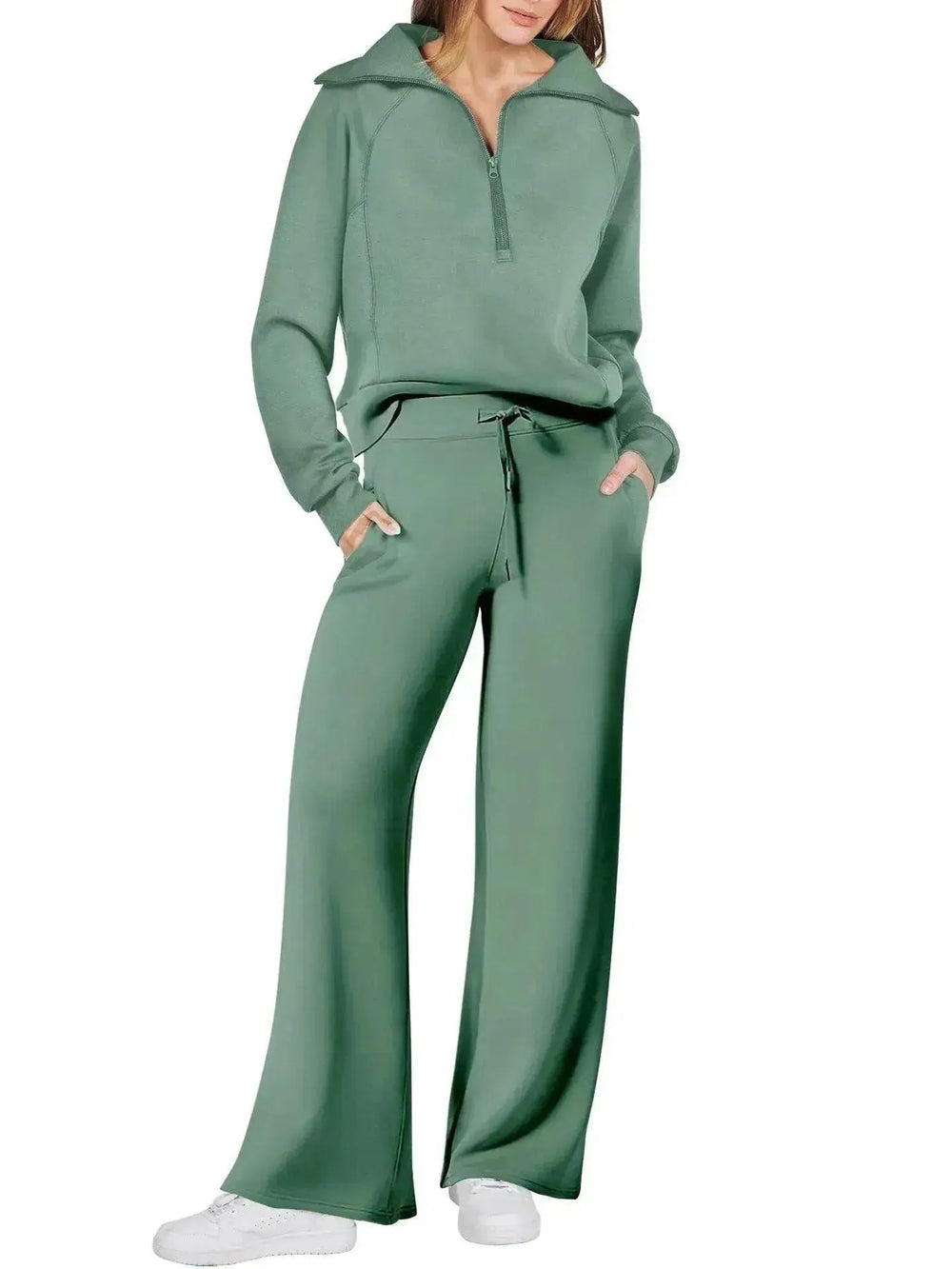 Leisure Sports Suit Long-sleeve Zipper Sweatshirt Wide Leg Pants Two-piece Set - EX-STOCK Canada