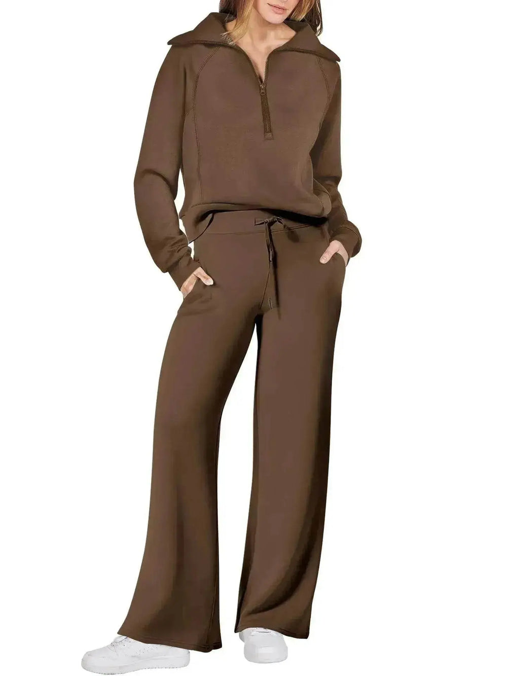 Leisure Sports Suit Long-sleeve Zipper Sweatshirt Wide Leg Pants Two-piece Set - EX-STOCK Canada