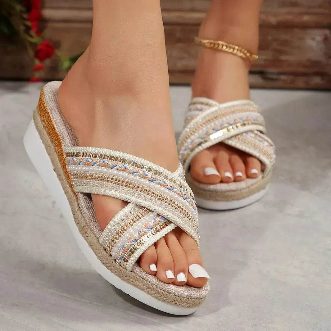 Sandali a zeppa in lino estivi stile etnico con cinturino incrociato per donna, ciabatte antiscivolo, scarpe da spiaggia - EX-STOCK Canada