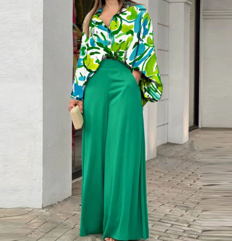Loose And Elegant Casual Printed Shirt Top Wide Leg Pants Fashion Suit EX-STOCK Canada 