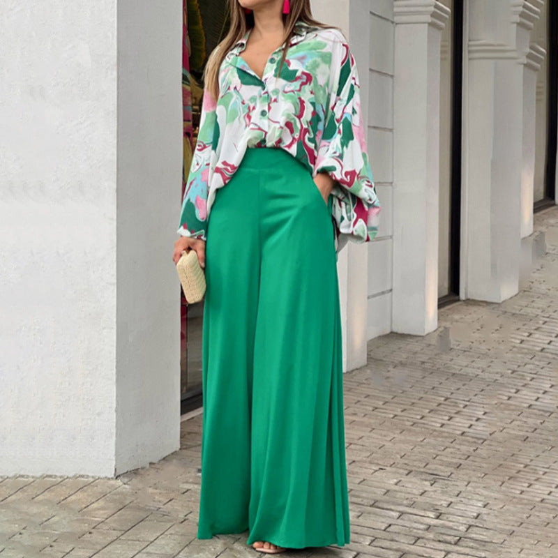 Loose And Elegant Casual Printed Shirt Top Wide Leg Pants Fashion Suit EX-STOCK Canada 