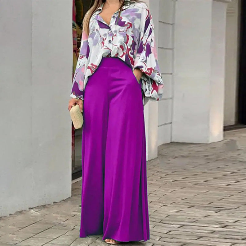 Loose And Elegant Casual Printed Shirt Top Wide Leg Pants Fashion Suit EX-STOCK Canada 