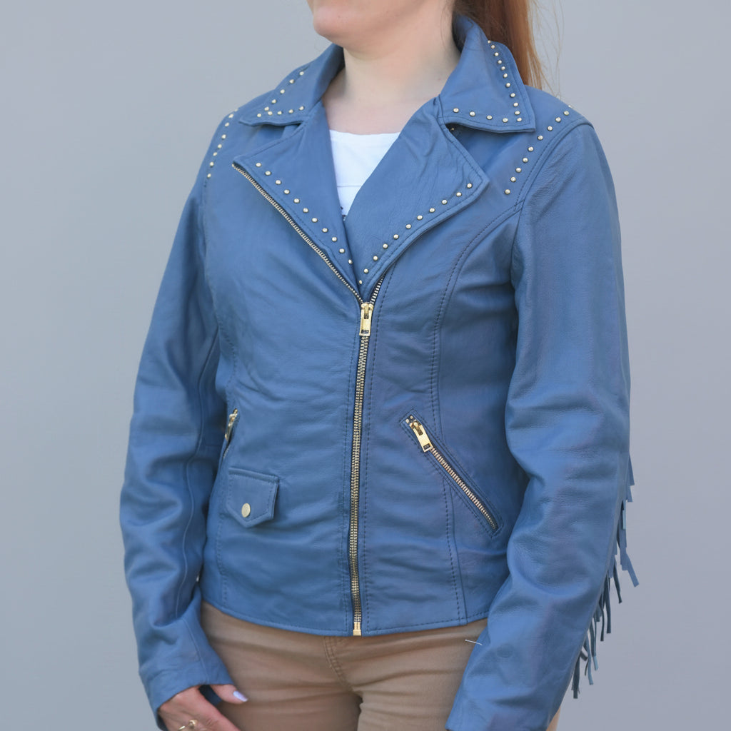 Women's Studded Leather Jacket with Removable Fringe 