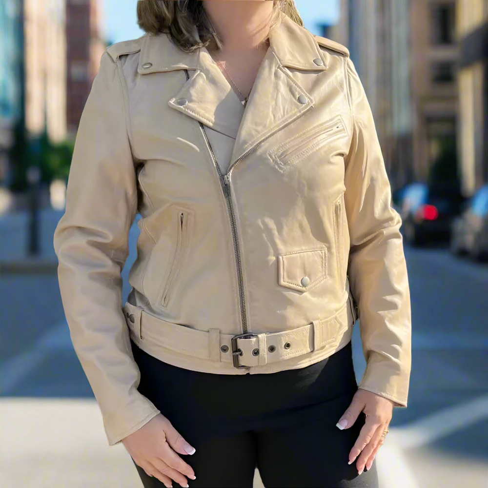 Damen-Lammleder-Bikerjacke mit GürtelEX-STOCK Canada 