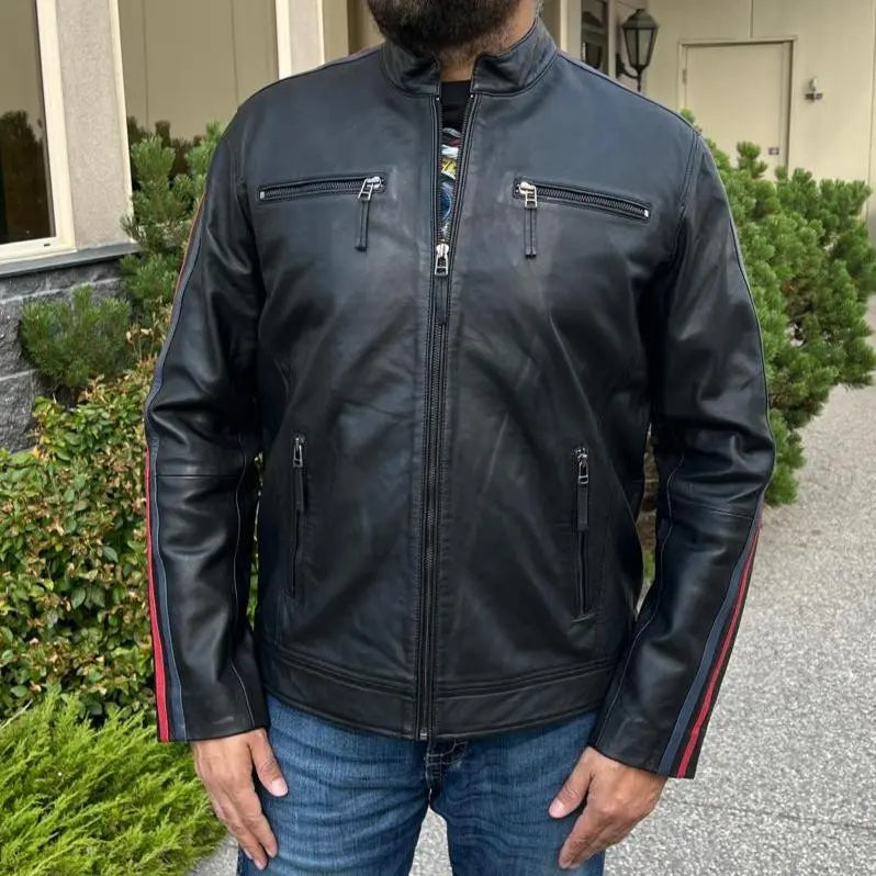 Men's Lamb Leather Jacket with Stripes EX-STOCK Canada 