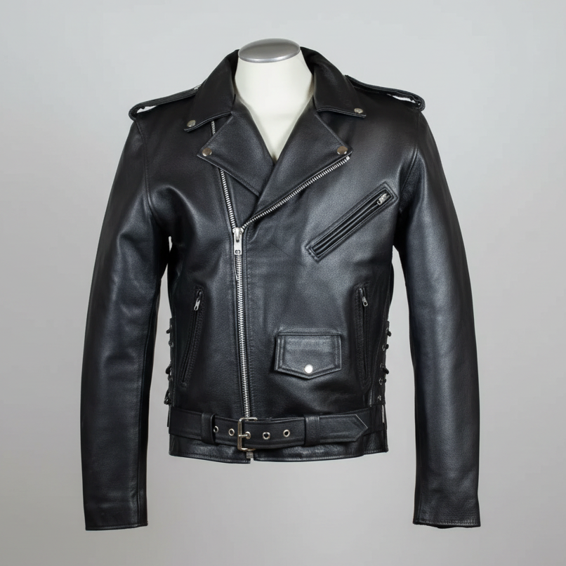 Chaqueta de cuero de motocicleta clásica para hombre, alta, con cordones laterales 