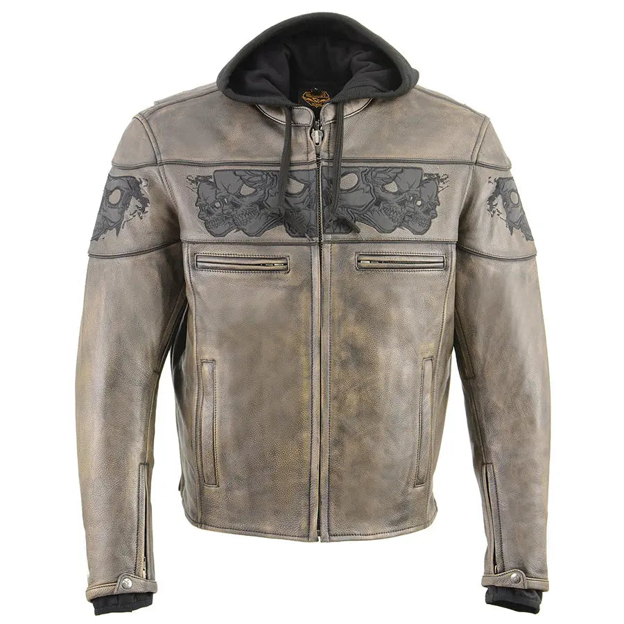 Milwaukee Leather Men's Distressed Brown Crossover Scooter Jacket with Reflective Skulls EX-STOCK Canada 