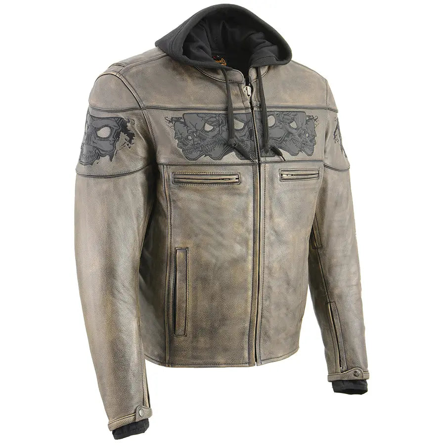 Milwaukee Leather Men's Distressed Brown Crossover Scooter Jacket with Reflective Skulls EX-STOCK Canada 