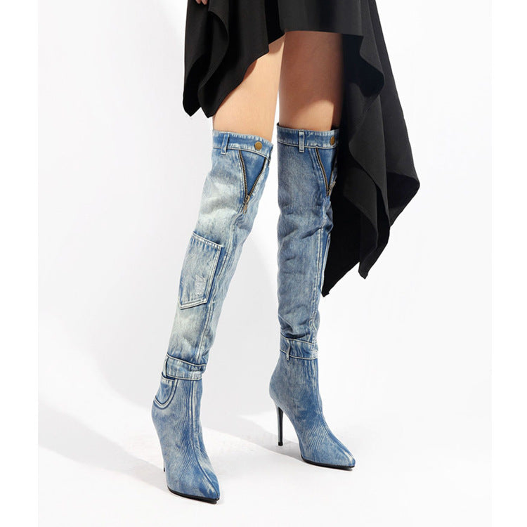 New Denim Over The Knee Elegant Slim Heel High Heel Riding Boots EX-STOCK Canada 