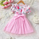 Girls Puff Sleeve Flower Printed Mesh Dress Baby girl dress gown