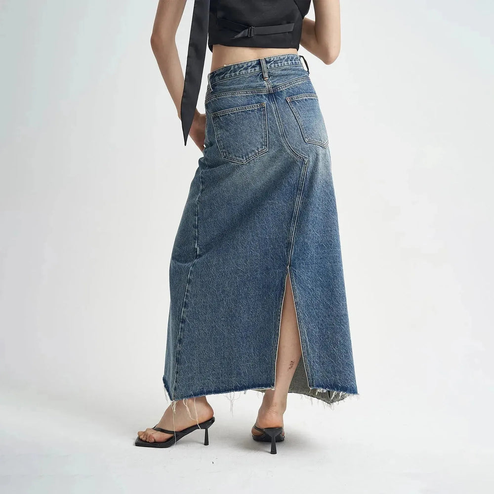 Washed Denim Front Split High-grade Jeans Skirt - EX-STOCK CANADA