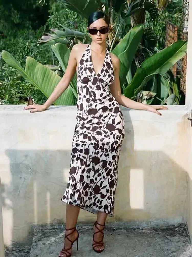 French Vest Printed Midi Floral Summer New Elegant Backless V-neck Halter Dress - EX-STOCK CANADA