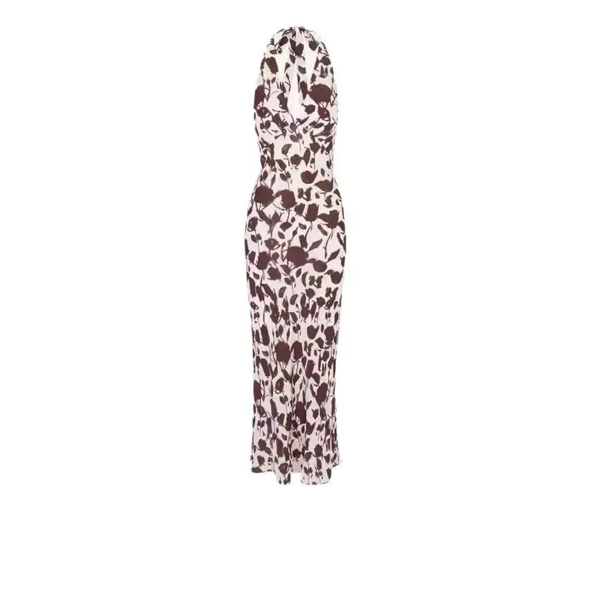 French Vest Printed Midi Floral Summer New Elegant Backless V-neck Halter Dress - EX-STOCK CANADA