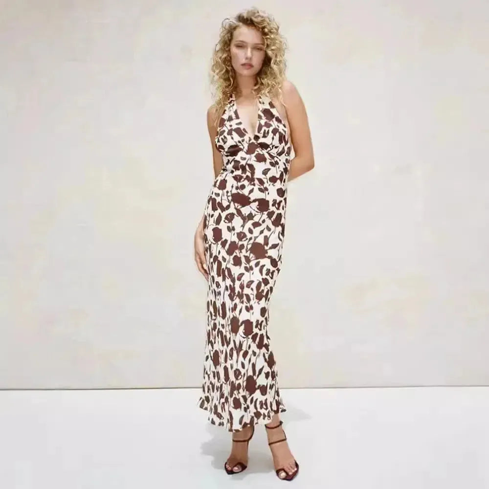 French Vest Printed Midi Floral Summer New Elegant Backless V-neck Halter Dress - EX-STOCK CANADA