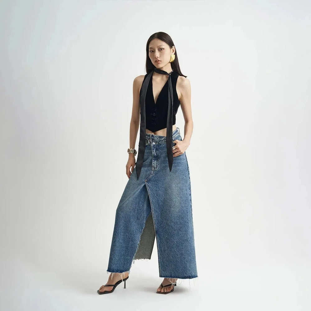 Washed Denim Front Split High-grade Jeans Skirt - EX-STOCK CANADA