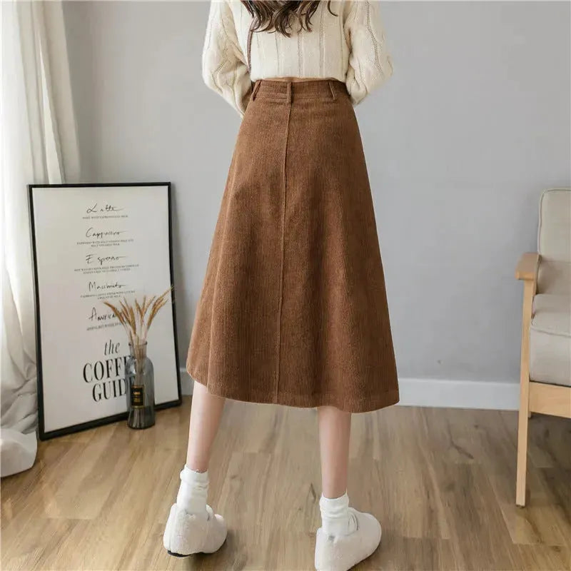 Retro Button A-line Fashion flared Corduroy Midi Skirt - EX-STOCK CANADA