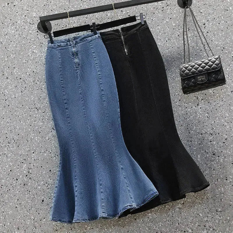 High Waisted Fish tail Mermaid Denim Midi Skirt