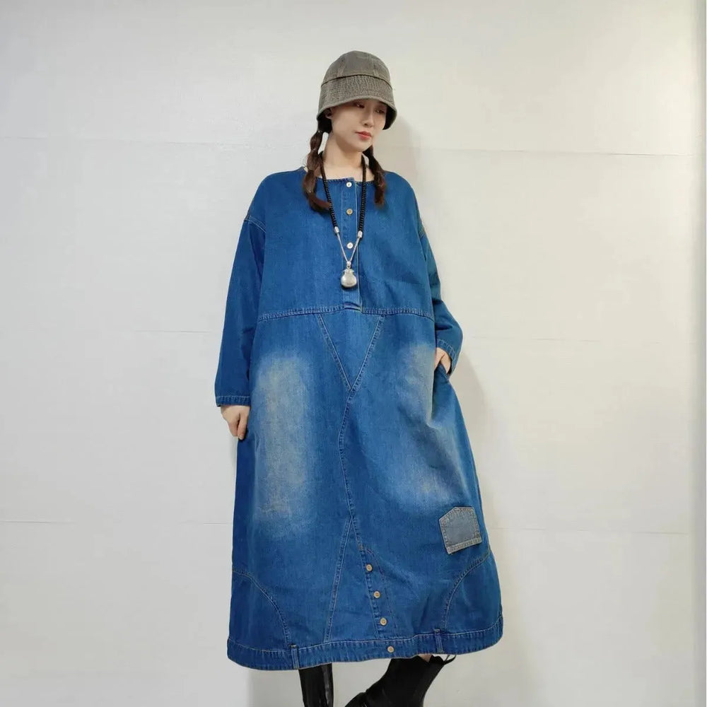 Loose-fitting Casual Round-neck Long-sleeved Oversized Long Denim Dress - EX-STOCK CANADA