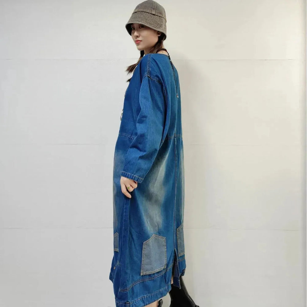 Loose-fitting Casual Round-neck Long-sleeved Oversized Long Denim Dress - EX-STOCK CANADA