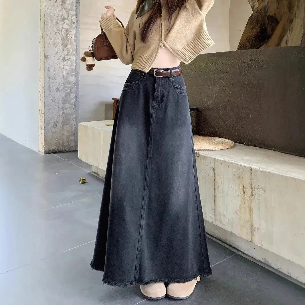 Spring And Autumn  Women's Retro Washed Frayed Edges High Waist maxi Denim Skirt