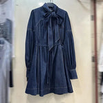 Women's Lace-up Bow Stand-up Collar Puff Sleeve Denim Dress - EX-STOCK CANADA