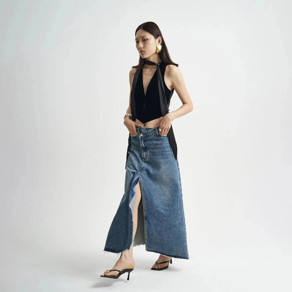 Washed Denim Front Split High-grade Jeans Skirt - EX-STOCK CANADA