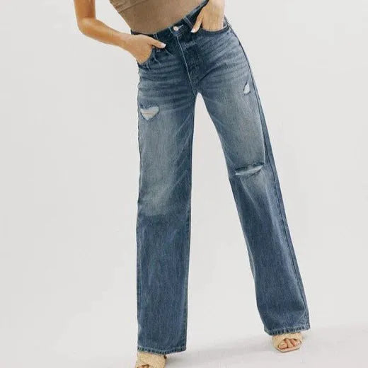 Blue Jeans Pant women Mid waist Denim Wide Leg Denim Pant