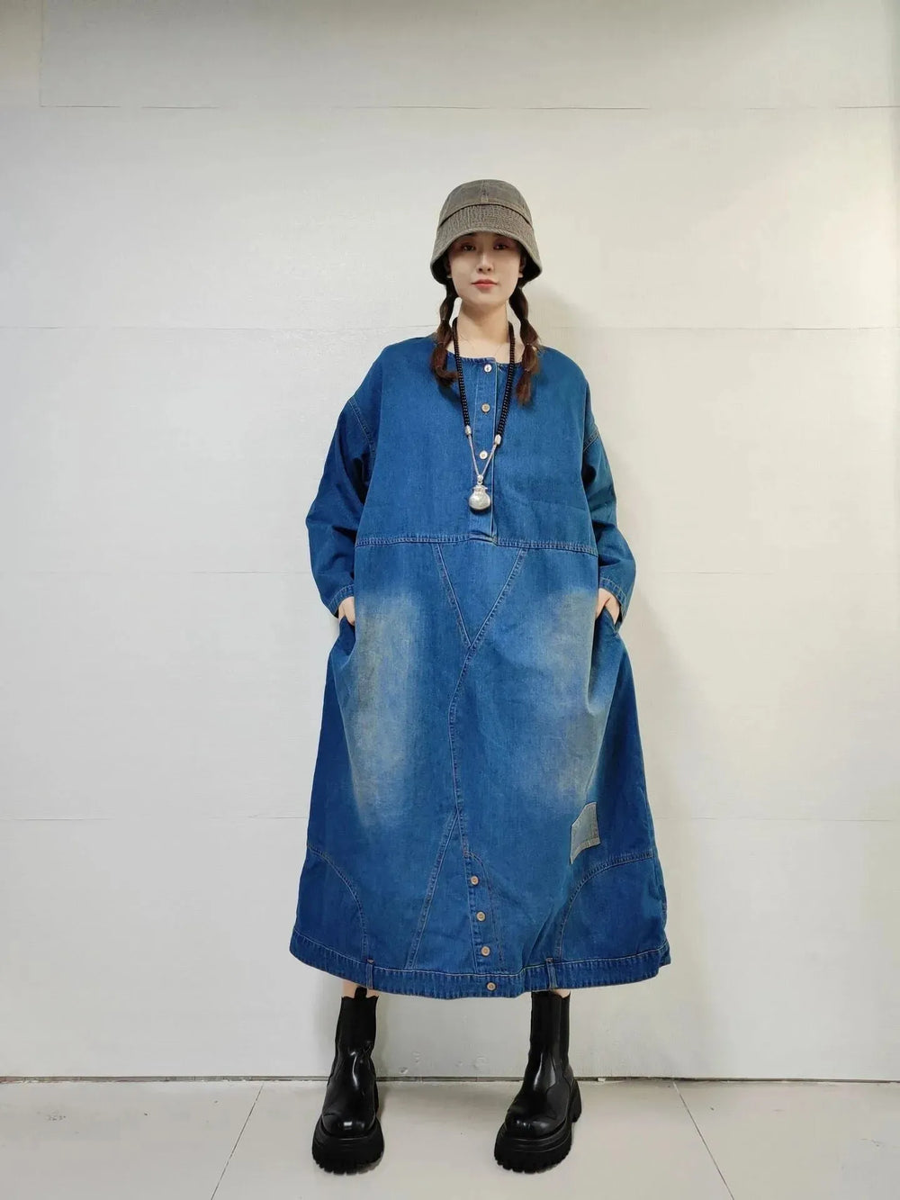 Loose-fitting Casual Round-neck Long-sleeved Oversized Long Denim Dress - EX-STOCK CANADA