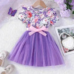 Girls Puff Sleeve Flower Printed Mesh Dress Baby girl dress gown