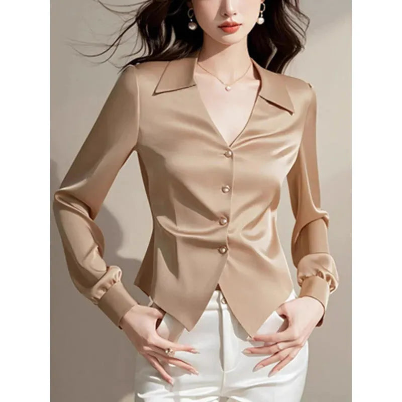 V-neck Long Sleeve Waist Trimming Shirt Women - EX-STOCK CANADA
