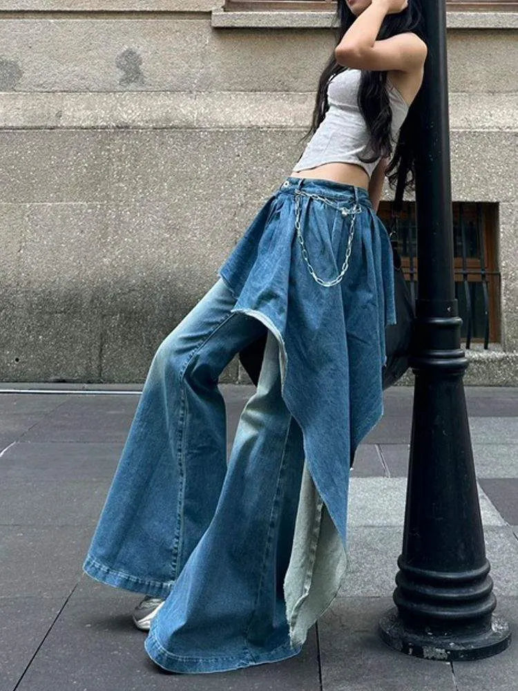False two piece Denim Skirt High waist Fake 2 piece Skirt jeans pant