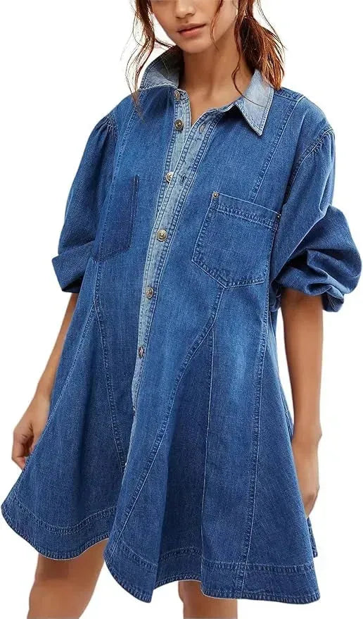 Women's Long Lantern Sleeve Button Denim Dress - EX-STOCK CANADA