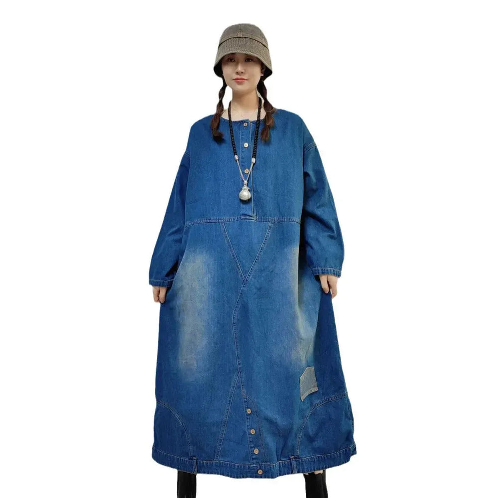 Loose-fitting Casual Round-neck Long-sleeved Oversized Long Denim Dress - EX-STOCK CANADA