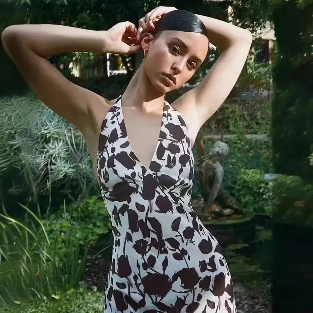 French Vest Printed Midi Floral Summer New Elegant Backless V-neck Halter Dress - EX-STOCK CANADA