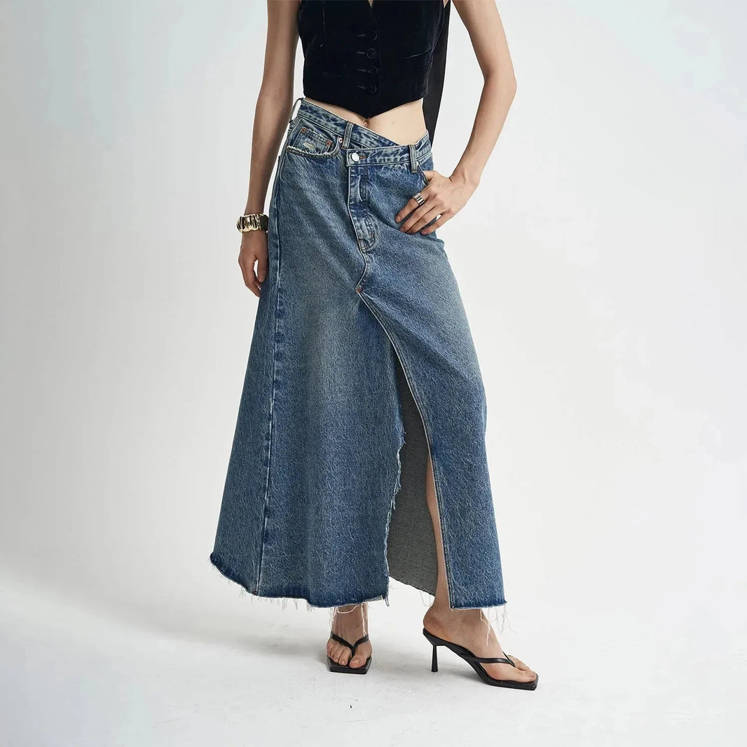 Washed Denim Front Split High-grade Jeans Skirt - EX-STOCK CANADA