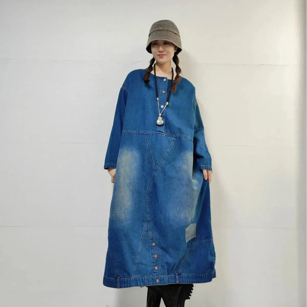 Loose-fitting Casual Round-neck Long-sleeved Oversized Long Denim Dress - EX-STOCK CANADA