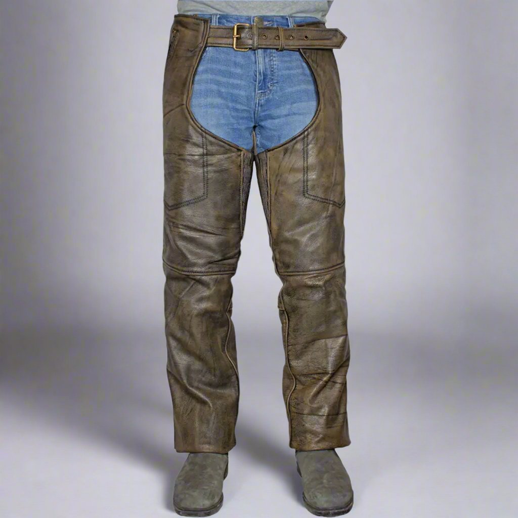 Open Road Men's Distressed Brown 4 Pocket Premium Leather Chaps EX-STOCK Canada 